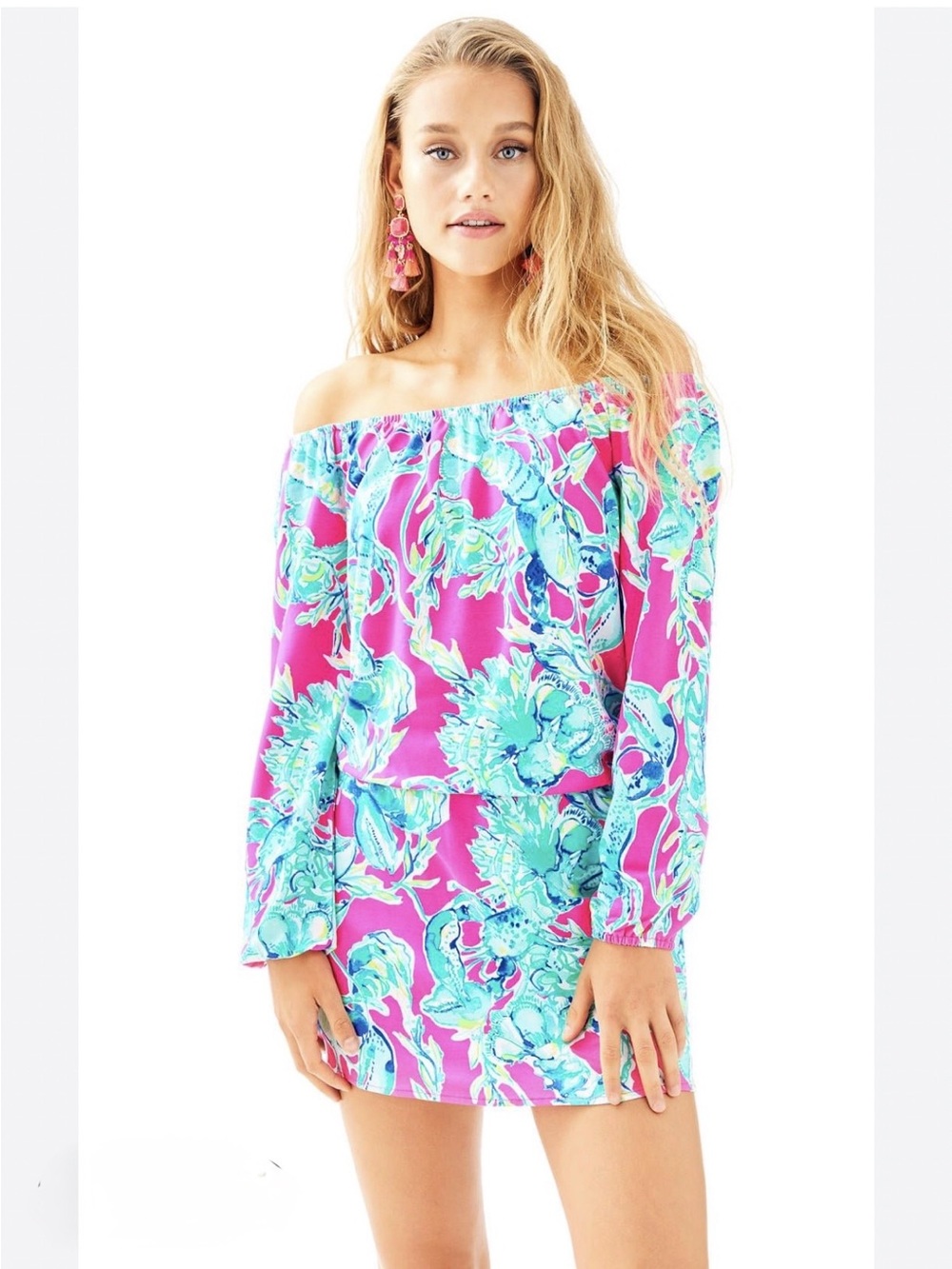 Lilly Pulitzer Lana Off the Shoulder Raz Berry Lobsters in Love Skort Romper M